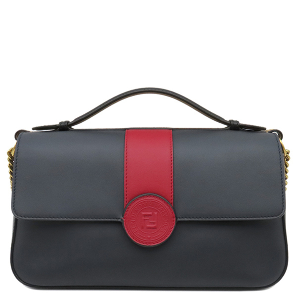 Fendi Shoulder Bag Double F Chain Leather Navy Blue Red Face